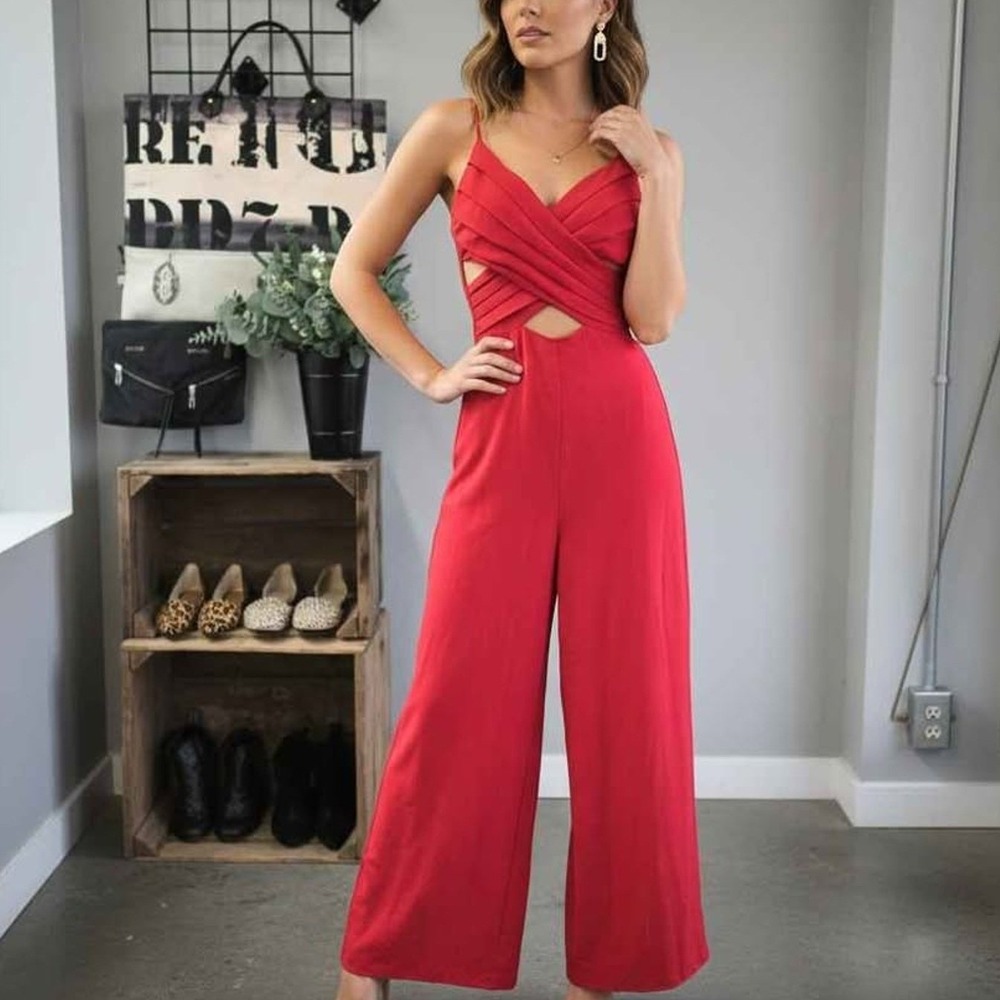Lulus Red Pleated Cutout Surplice Wide Leg Jumpsuit Small